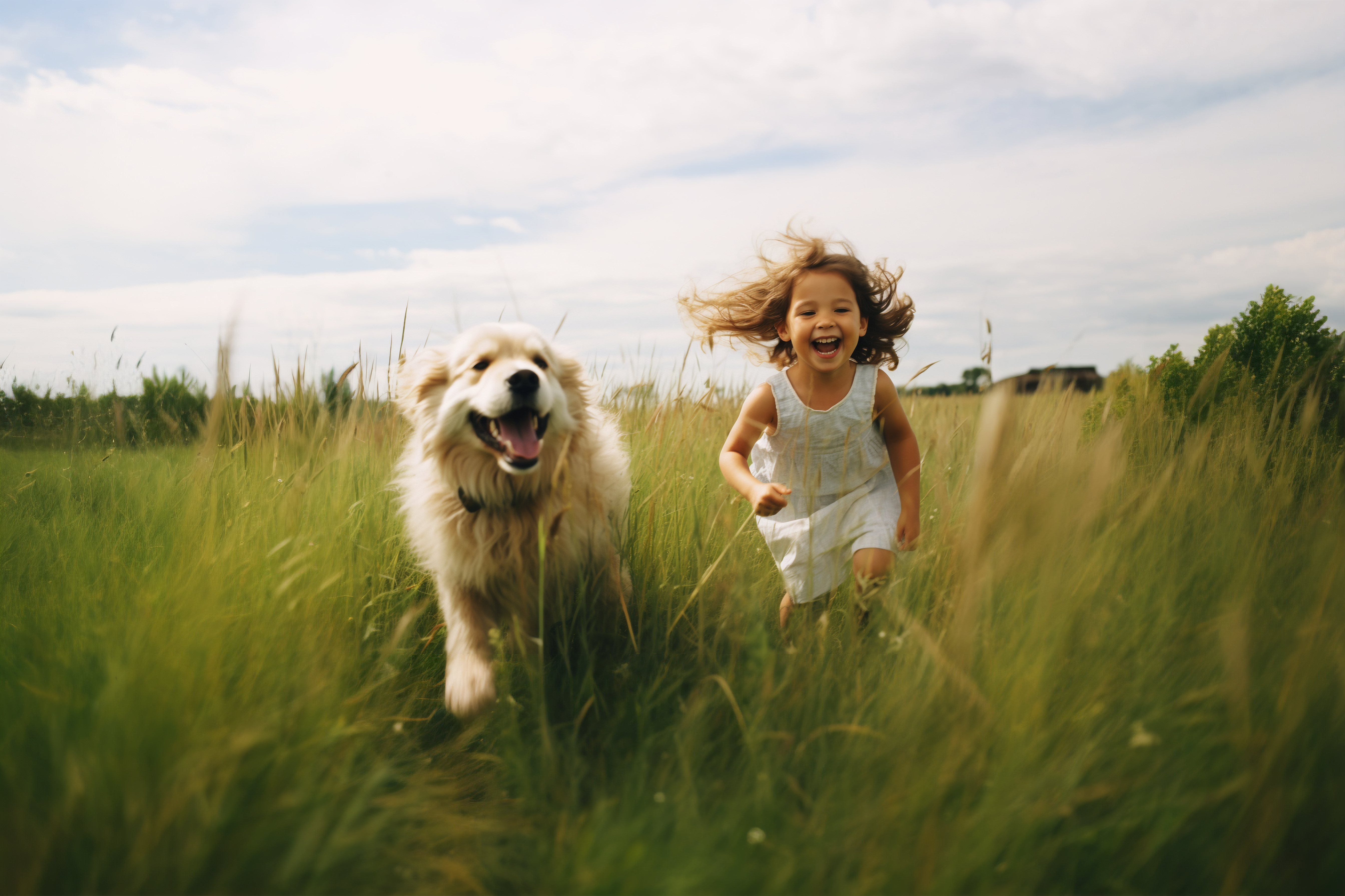 Children and pets in natural green surroundings